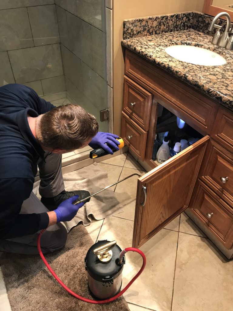 Professional pest control technician using specialized equipment to inspect bathroom vanity plumbing for signs of pests