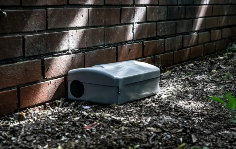 Gray Rodent Bait Station Against Brick Wall