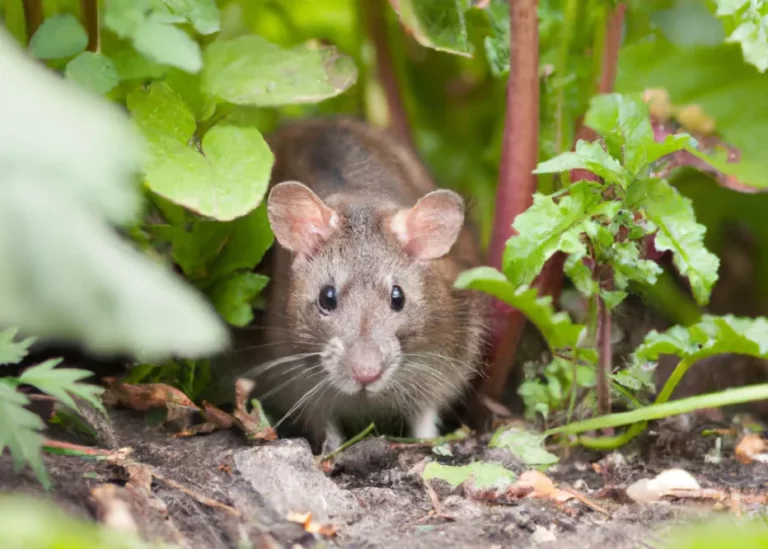 Brown rat with pink ears foraging among green garden plants and soil in natural outdoor setting