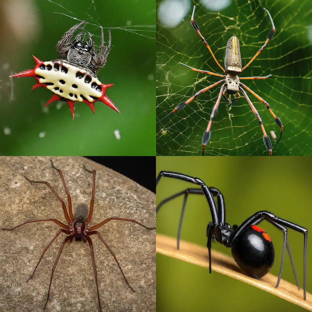 Four different spider species showing spiny orb weaver, golden silk spider, brown recluse, and black widow