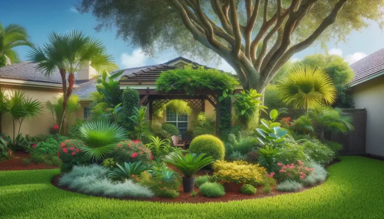 Beautiful tropical front yard landscape with palm trees, colorful flowers, and well-maintained garden beds