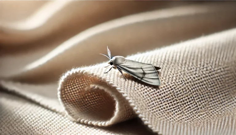 Small gray moth with striped wings perched on textured burlap material in natural lighting