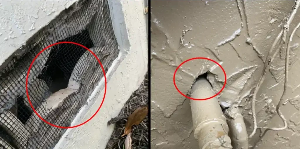 Damaged window screen and pipe opening showing common rodent entry points in South Florida homes