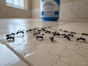 Close-up of tiny black ants trailing across a moist bathroom tile floor in South Florida, highlighting common pest infestation issues.