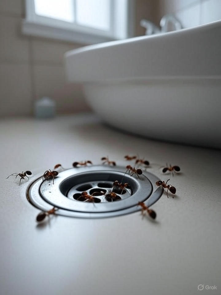 Ants crawling out of a bathroom sink drain in a clean Florida home, highlighting pest infestation issues with natural light and a hint of pest control solution.