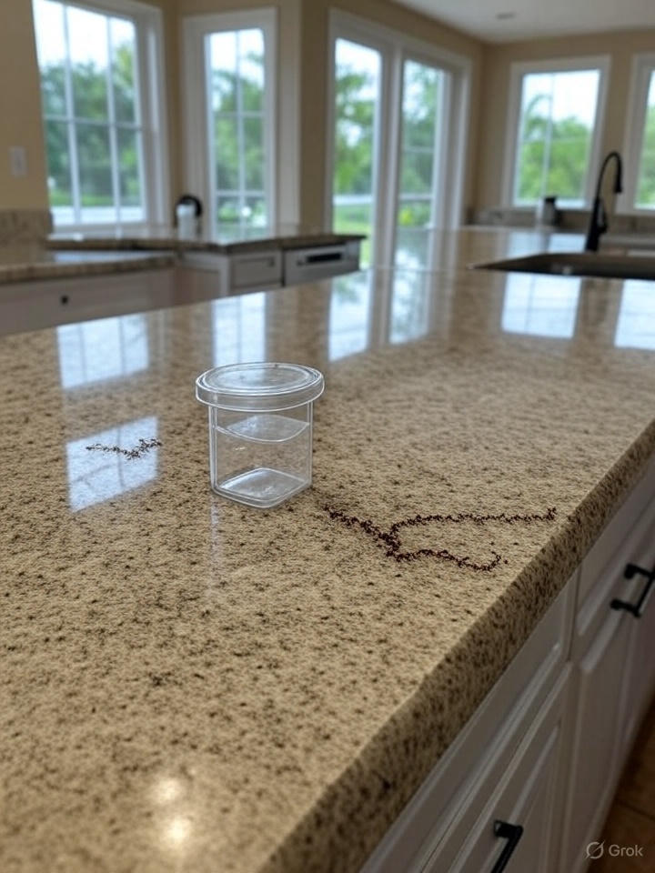 A clean modern Florida kitchen with a subtle trail of ghost ants leading to a sealed container on a granite countertop, bright windows in the background.