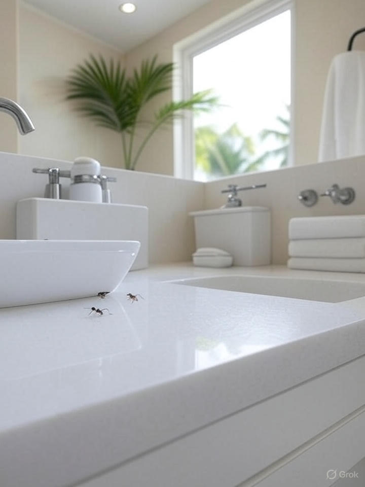 A clean bathroom with a sink, featuring a few ants on the countertop and a tropical palm plant near a window, representing South Florida pest control challenges