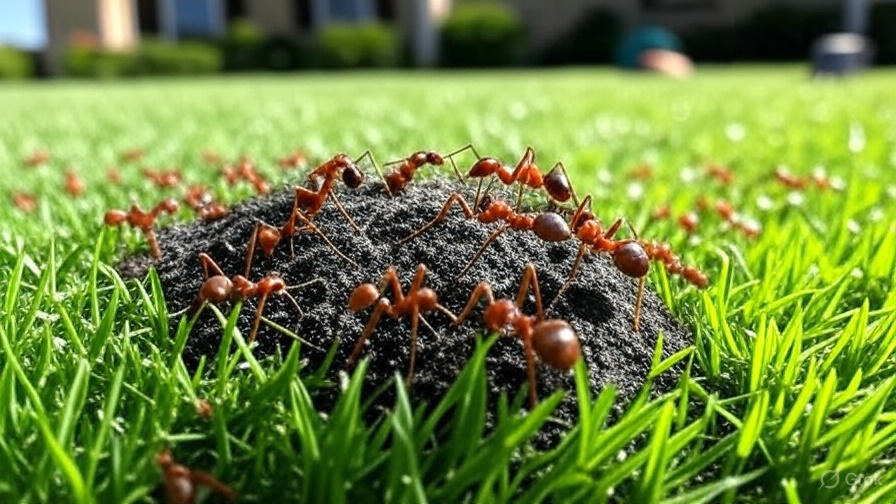 A close-up of a fire ant mound in a lush green Florida lawn, with numerous reddish-brown fire ants crawling on the mound, and a blurred home in the background.