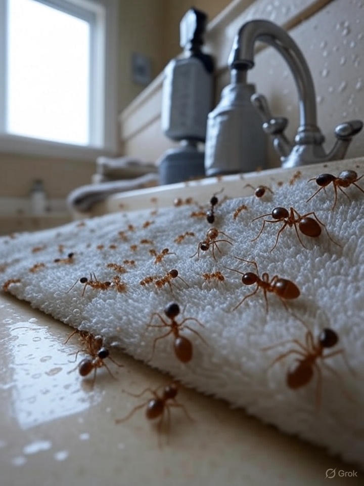 Tiny ghost ants with dark heads infesting a damp South Florida bathroom sink and towels, highlighting common pest issues in humid environments.