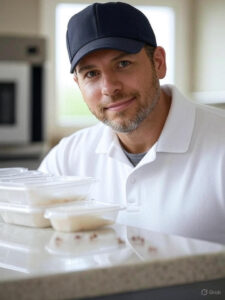 A professional pest control expert in a white polo shirt and cap inspecting sealed food containers on a kitchen counter with sugar ants visible.