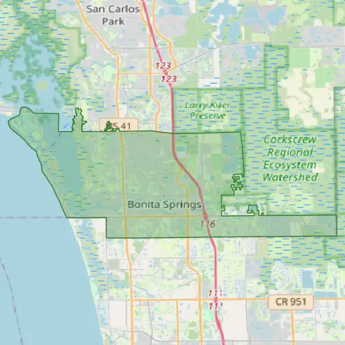Topographic map showing Bonita Springs area with natural preserves and regional watershed systems in Southwest Florida