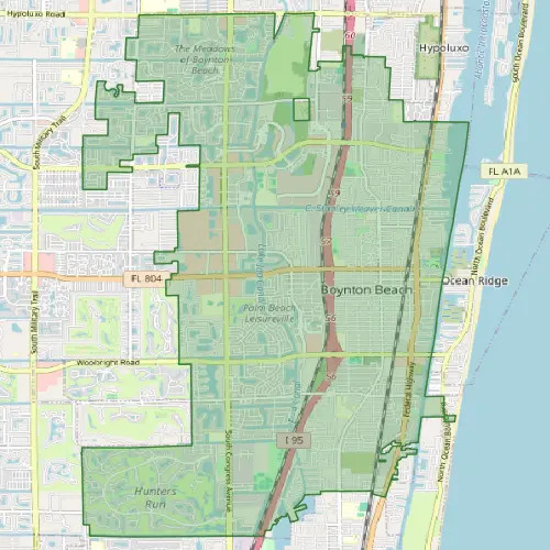 Detailed map showing Boynton Beach pest control service coverage area in green with neighborhoods and streets
