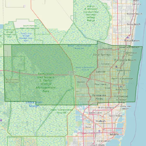 Detailed topographical map showing Everglades National Park, Miami-Dade, and Broward County service areas
