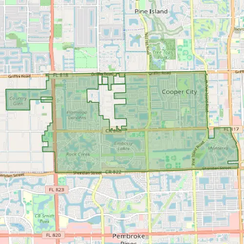 Cooper City Florida pest control service area map showing coverage boundaries and neighborhoods