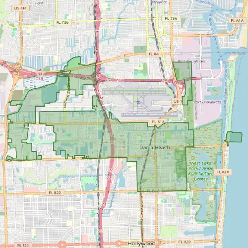 Detailed street map showing Dania Beach and surrounding areas in Broward County Florida for pest control services