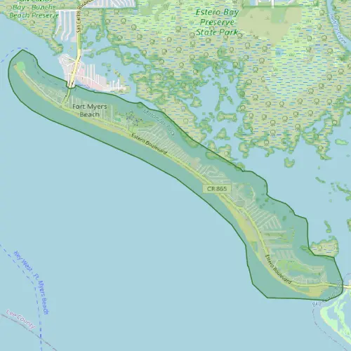 Topographic map showing Estero Bay Preserve State Park and Fort Myers Beach coastal wetland areas in Southwest Florida