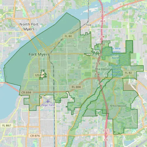 Fort Myers Florida pest control service area coverage map showing neighborhoods and boundaries