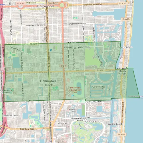 Street map of Hallandale Beach and surrounding areas in Broward County Florida showing neighborhoods