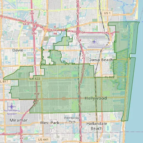 Service area map showing Hollywood, Dania Beach, Davie, Miramar and surrounding Broward County cities