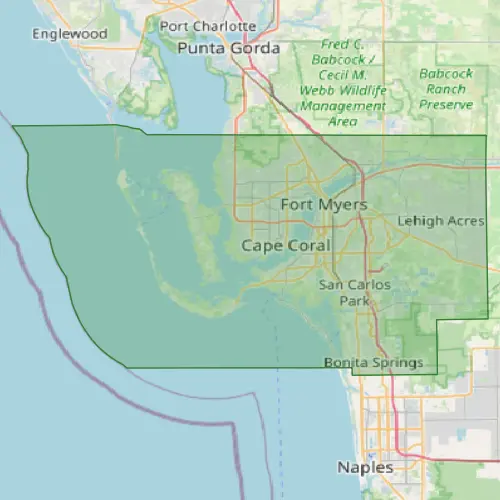 Map showing Fort Myers, Naples, Cape Coral and surrounding Southwest Florida communities for pest control services