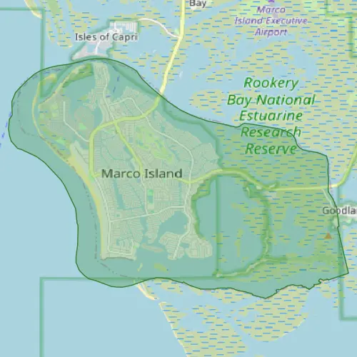 Topographical map showing Marco Island and Rookery Bay National Estuarine Research Reserve in Southwest Florida