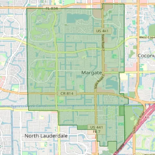 Pest control service area map showing Margate and North Lauderdale coverage zones in Broward County Florida