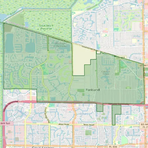 Map showing Parkland Florida boundaries and surrounding areas for pest control service coverage