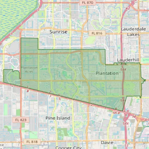 Map showing Plantation, Florida and surrounding Broward County areas for pest control services