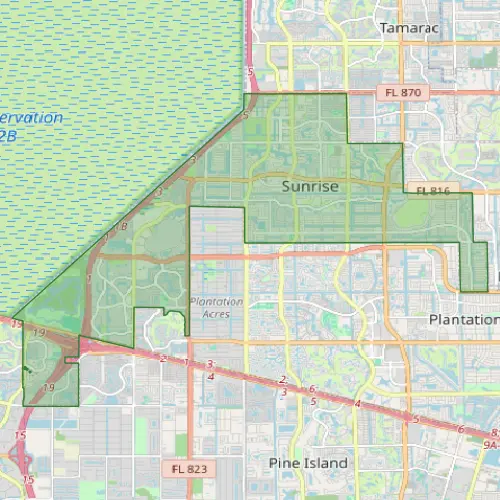 Service area map showing Sunrise, Plantation, and surrounding Broward County cities for pest control coverage