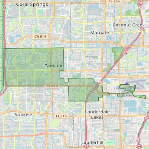 Service area map showing Coral Springs, Tamarac, Margate, Sunrise, and Lauderdale Lakes in Broward County