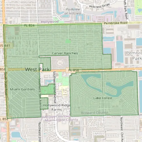 Broward County pest control service area map showing West Park, Carver Ranches, Pembroke Park and Lake Forest