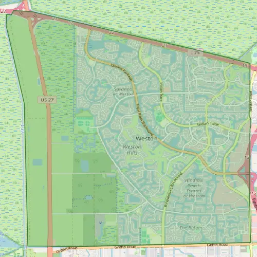 Detailed street map of Weston Florida showing residential neighborhoods and service coverage area