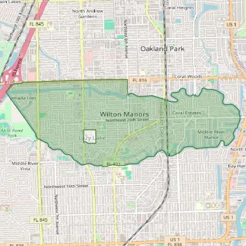Wilton Manors neighborhood service map showing pest control coverage area in Broward County Florida