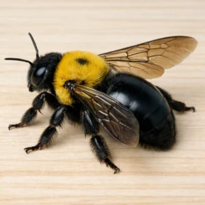 Carpenter bee resting on a wooden surface showing detailed wings and black abdomen