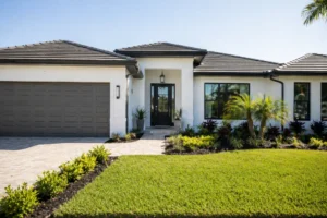 Contemporary single-story home in South Florida with white exterior, tile roof, and tropical landscaping