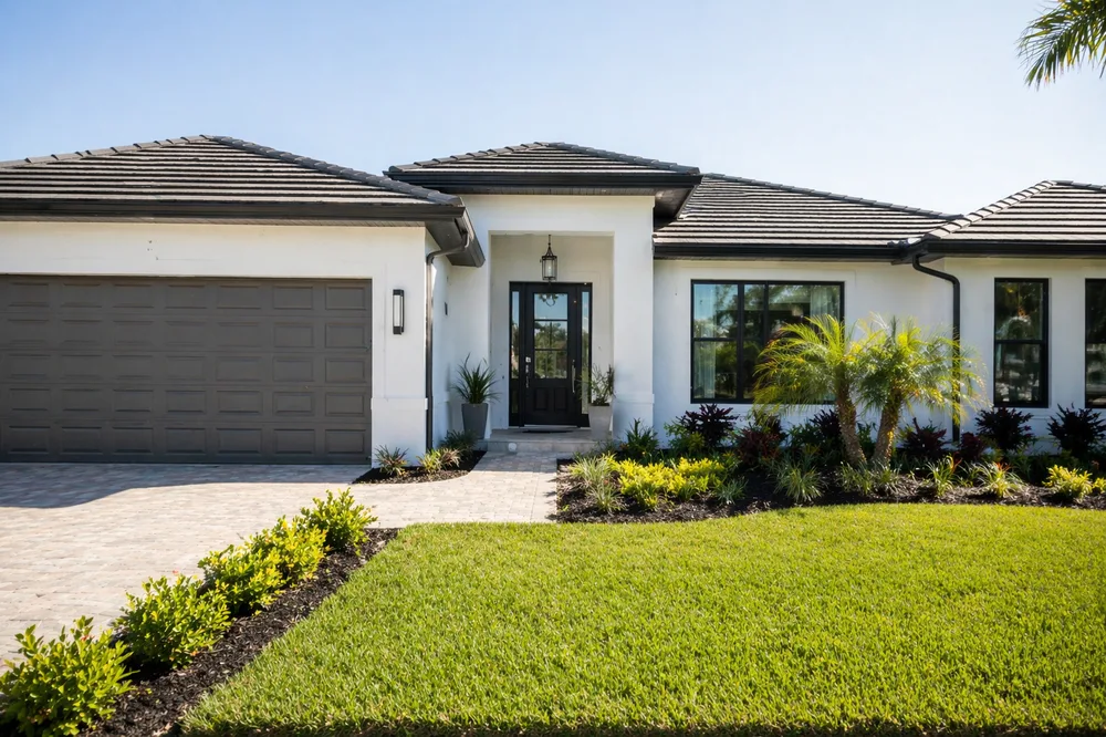 Contemporary single-story home in South Florida with white exterior, tile roof, and tropical landscaping