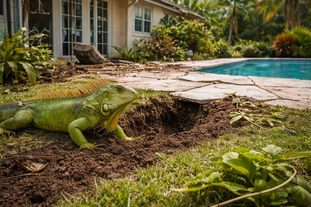 Green iguana on lawn near swimming pool causing property damage in South Florida backyard