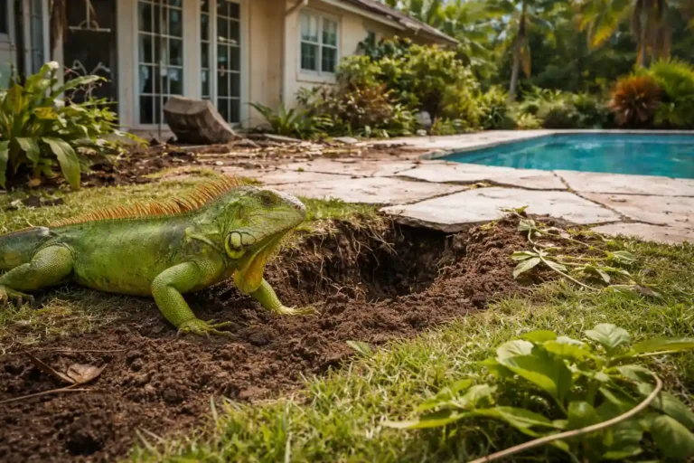 Green iguana lizard in backyard garden area next to swimming pool and residential home