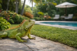 Green iguana sitting on patio stones near swimming pool in tropical backyard setting