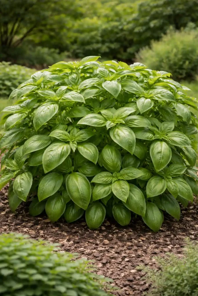 Lush green basil plant growing in garden with healthy foliage and rich soil