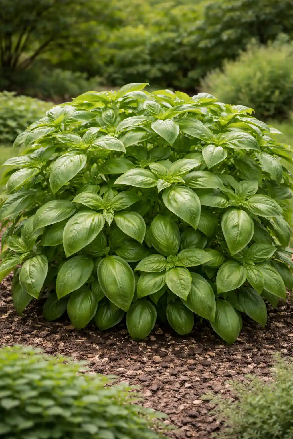 Rounded leafy plant with broad green leaves growing in a garden bed.