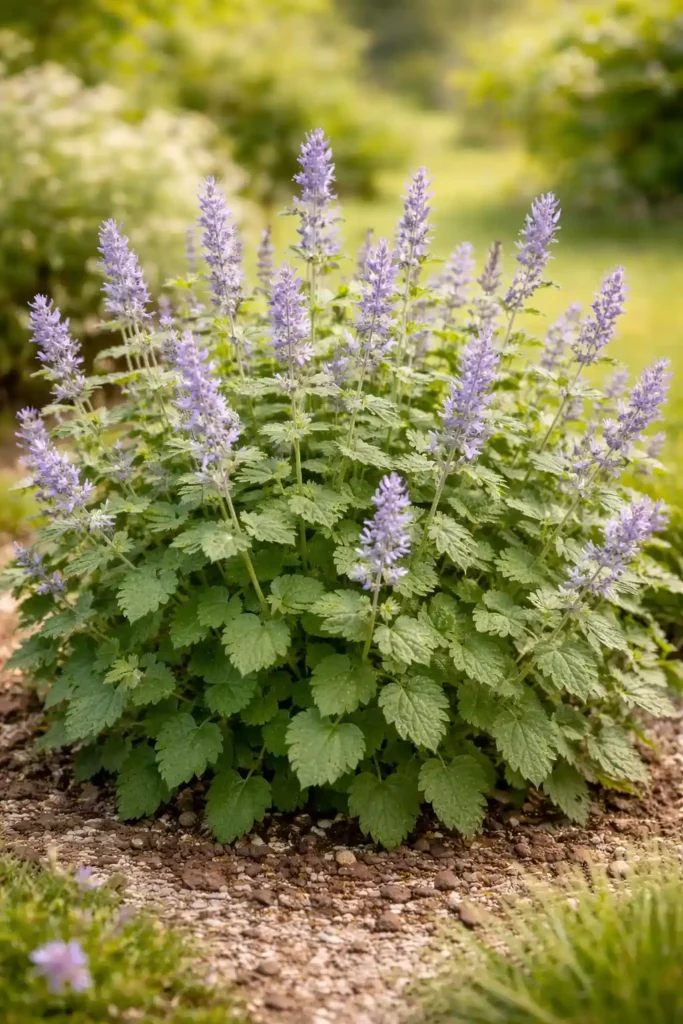 Catmint plant with purple flower spikes and serrated leaves growing in garden soil