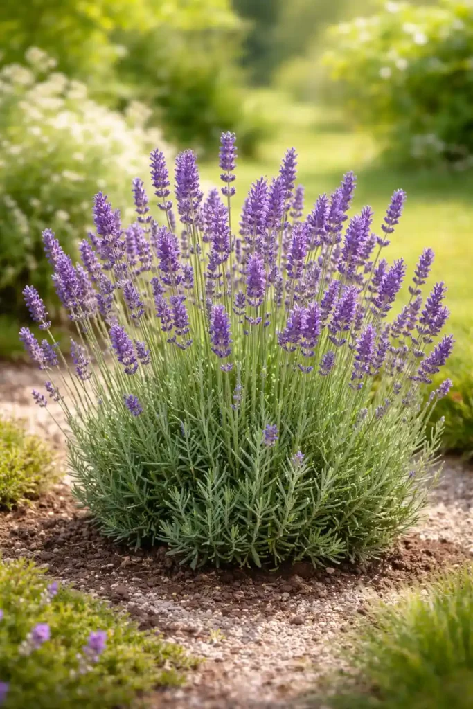 Purple lavender bush blooming in garden pathway with natural pest repellent properties