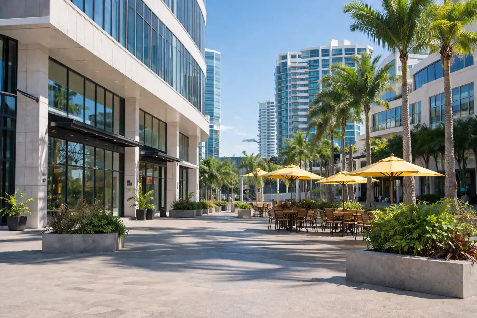 Modern commercial plaza with outdoor restaurant seating, palm trees, and high-rise buildings in South Florida