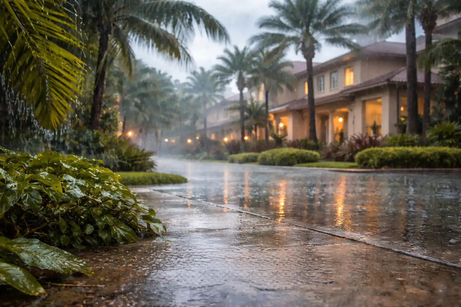 Heavy rainfall flooding residential street with palm trees and tropical landscaping in South Florida neighborhood