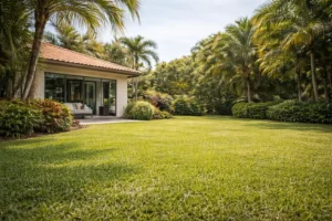 Tropical home with manicured lawn and palm trees in South Florida residential yard