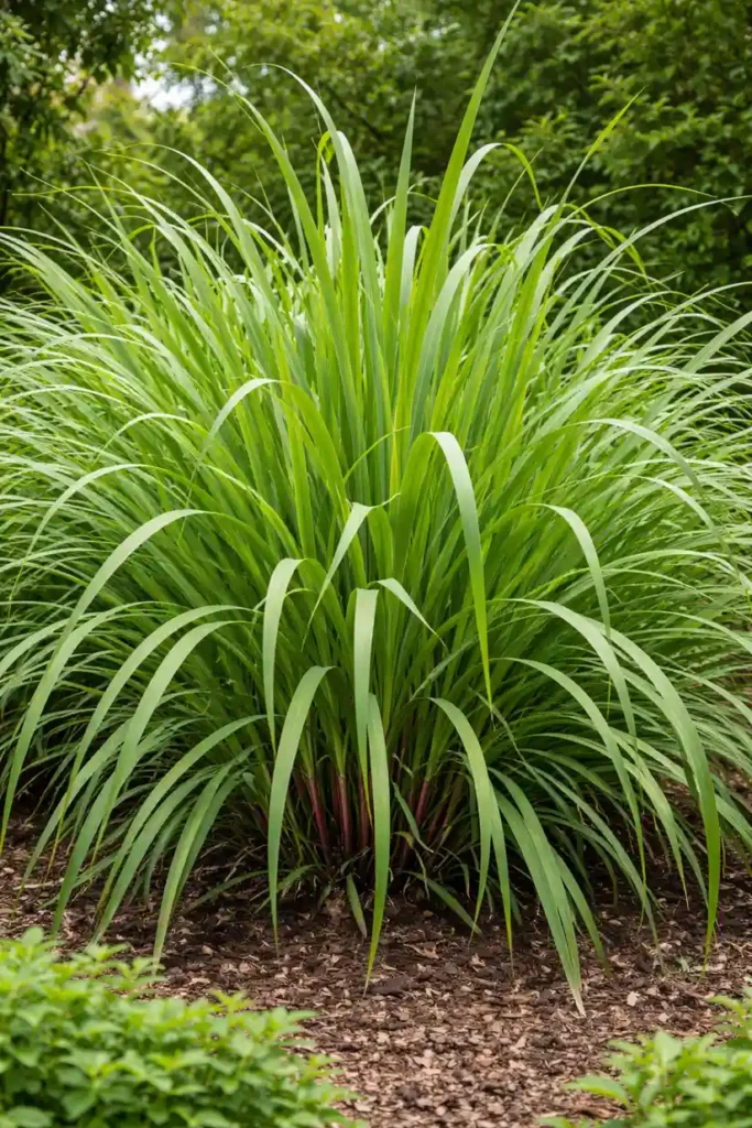 Dense ornamental grass plant with long green blades in mulched garden bed with trees in background