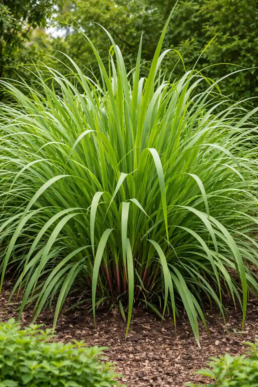Dense clump of long arching green leaves in a mulched garden bed.