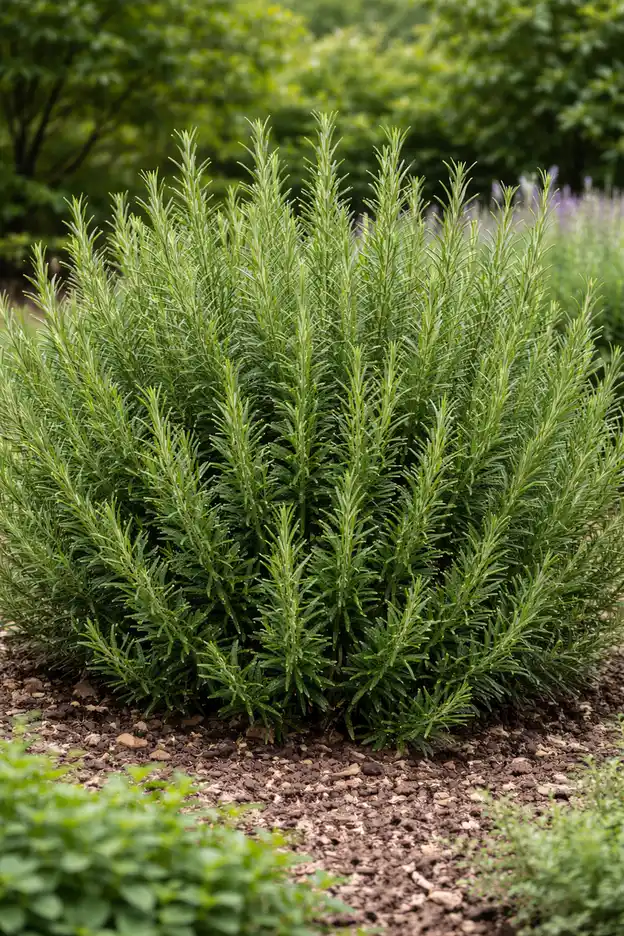 Dense rosemary bush with needle-like leaves growing in mulched garden bed