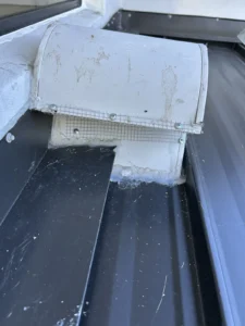 Roof exhaust vent cap sealed with wire mesh screen and screws to block rodent entry